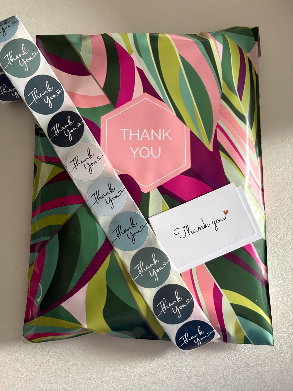 Poly Mailer 10x13, Card, sticker Set of 10 Tropical Leaf Design Green & Pink